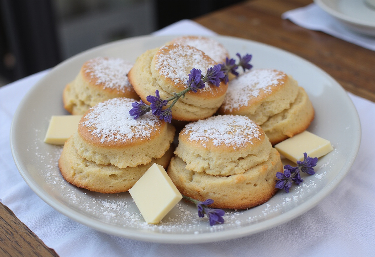 Scones de mora, lavanda y chocolate blanco recién horneados, perfectos para un postre elegante.