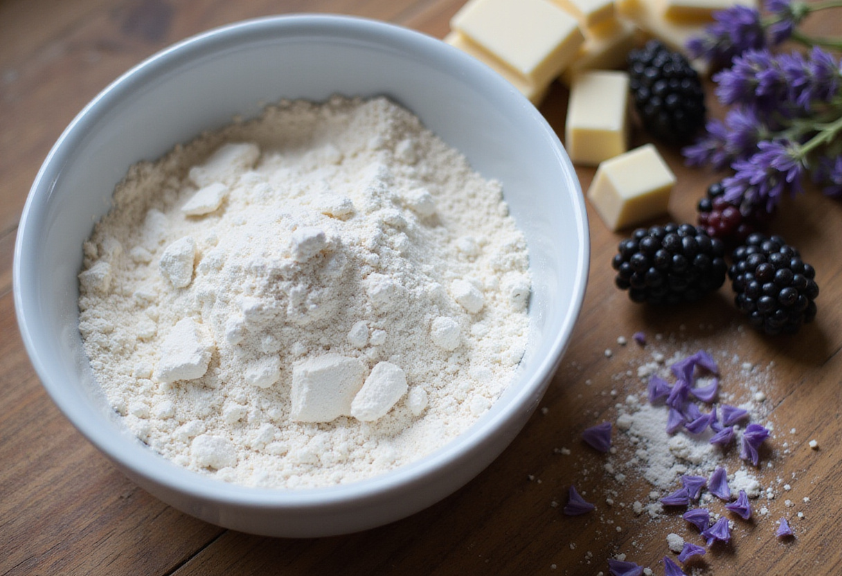 Ingredientes para scones de mora con lavanda y chocolate blanco en un tazón.