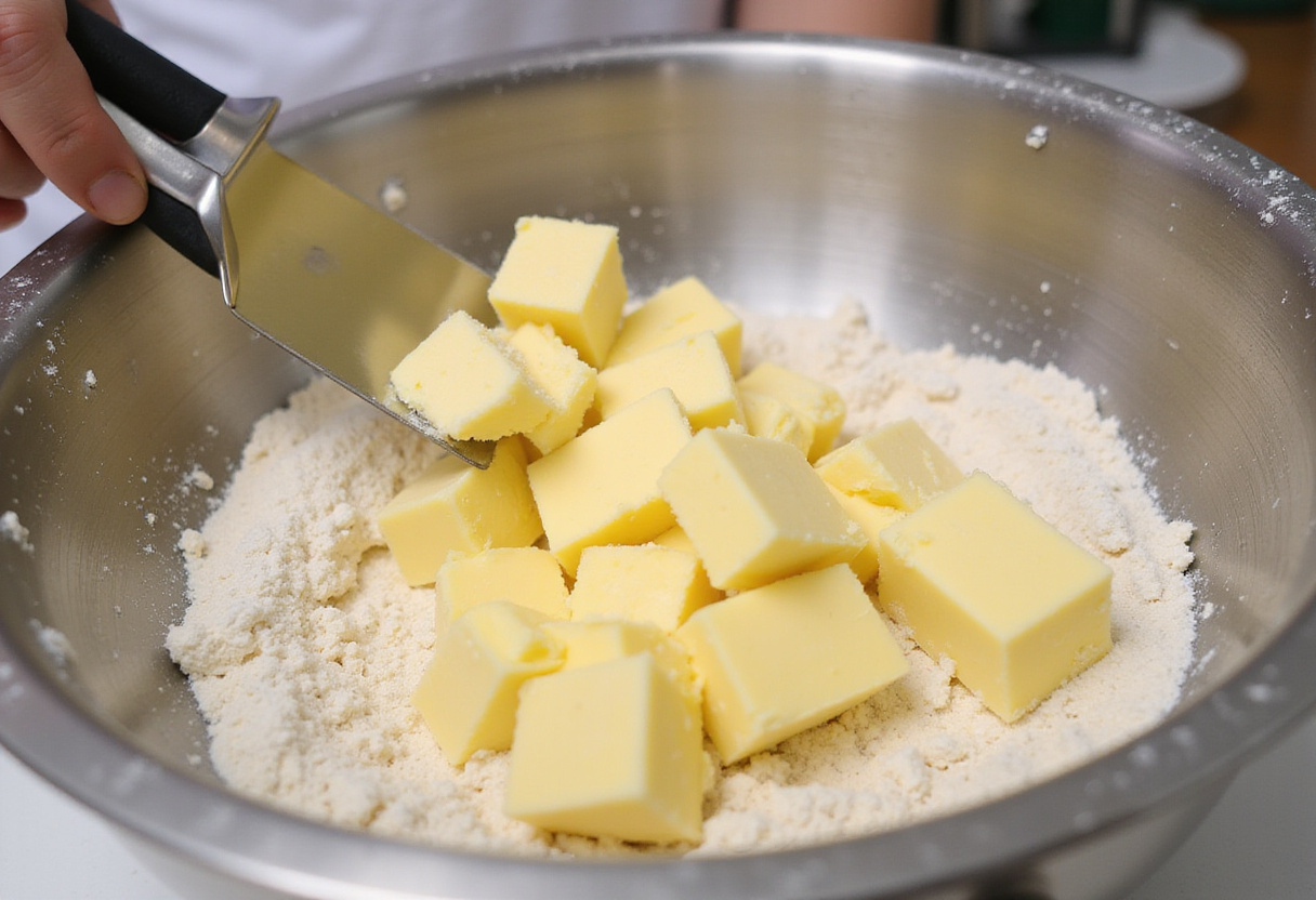 Mezcla de mantequilla y harina para scones de mora y chocolate blanco en proceso.