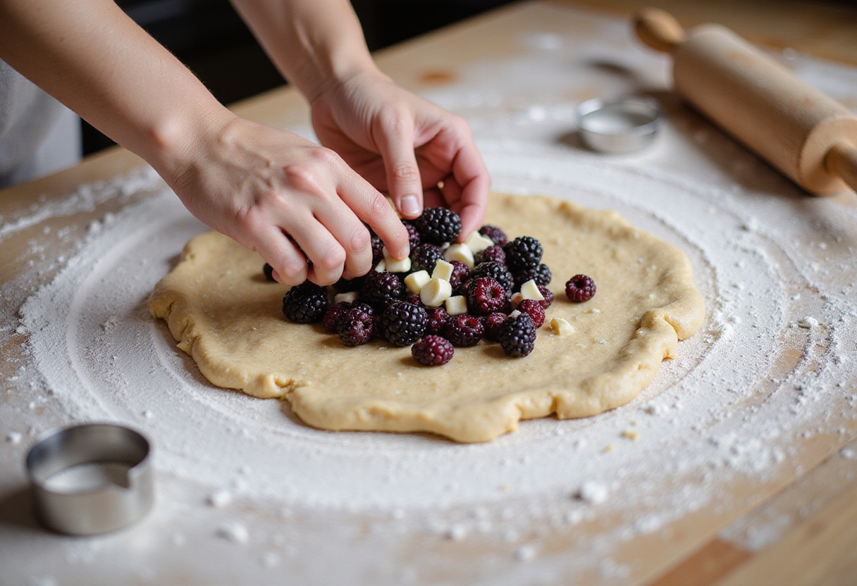 Incorporando moras y trozos de chocolate blanco en la masa de scones de lavanda.