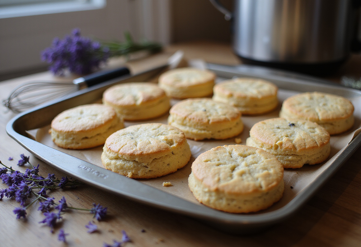 Scones de mora y lavanda sobre una bandeja listos para hornear en la cocina.