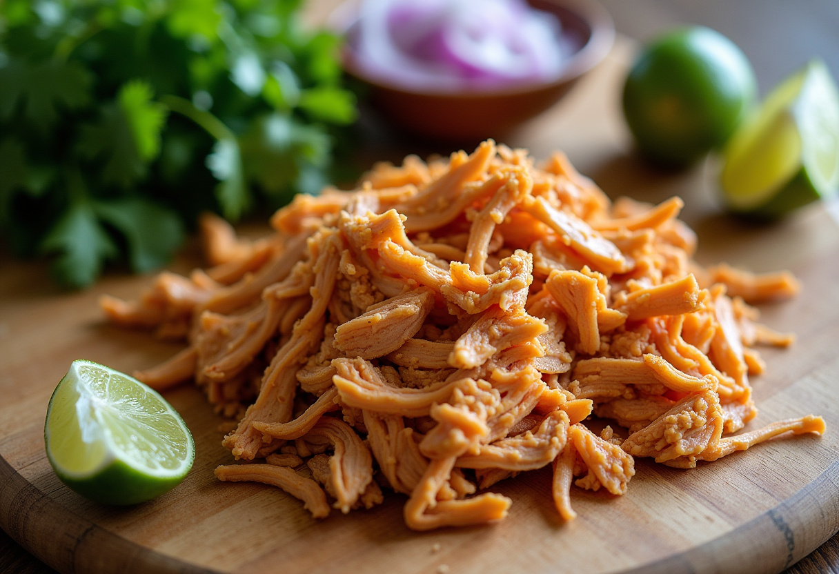 Marinated shredded chicken for tacos de pollo callejeros with fresh cilantro and lime.