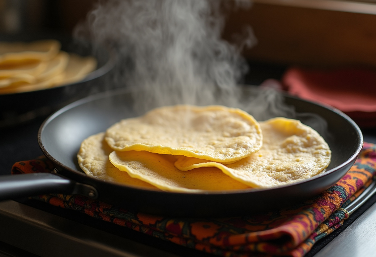 Heating corn tortillas for tacos pequeños de pollo callejeros in a skillet.