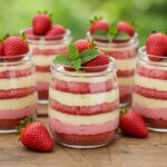 Colorful jars of pastel de fresa ready to serve, showcasing fresh ingredients and a delightful presentation.