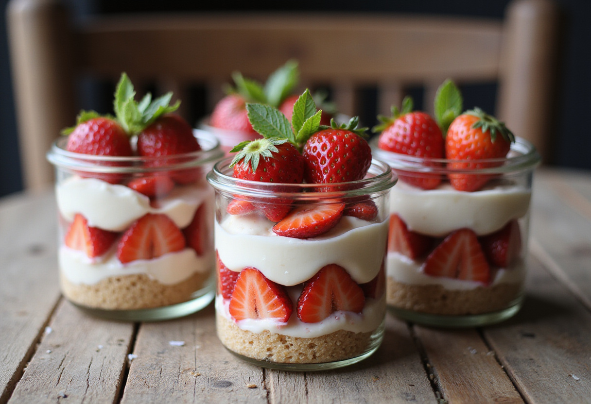 Colorful jars of pastel de fresa ready to serve, showcasing fresh ingredients and a delightful presentation.