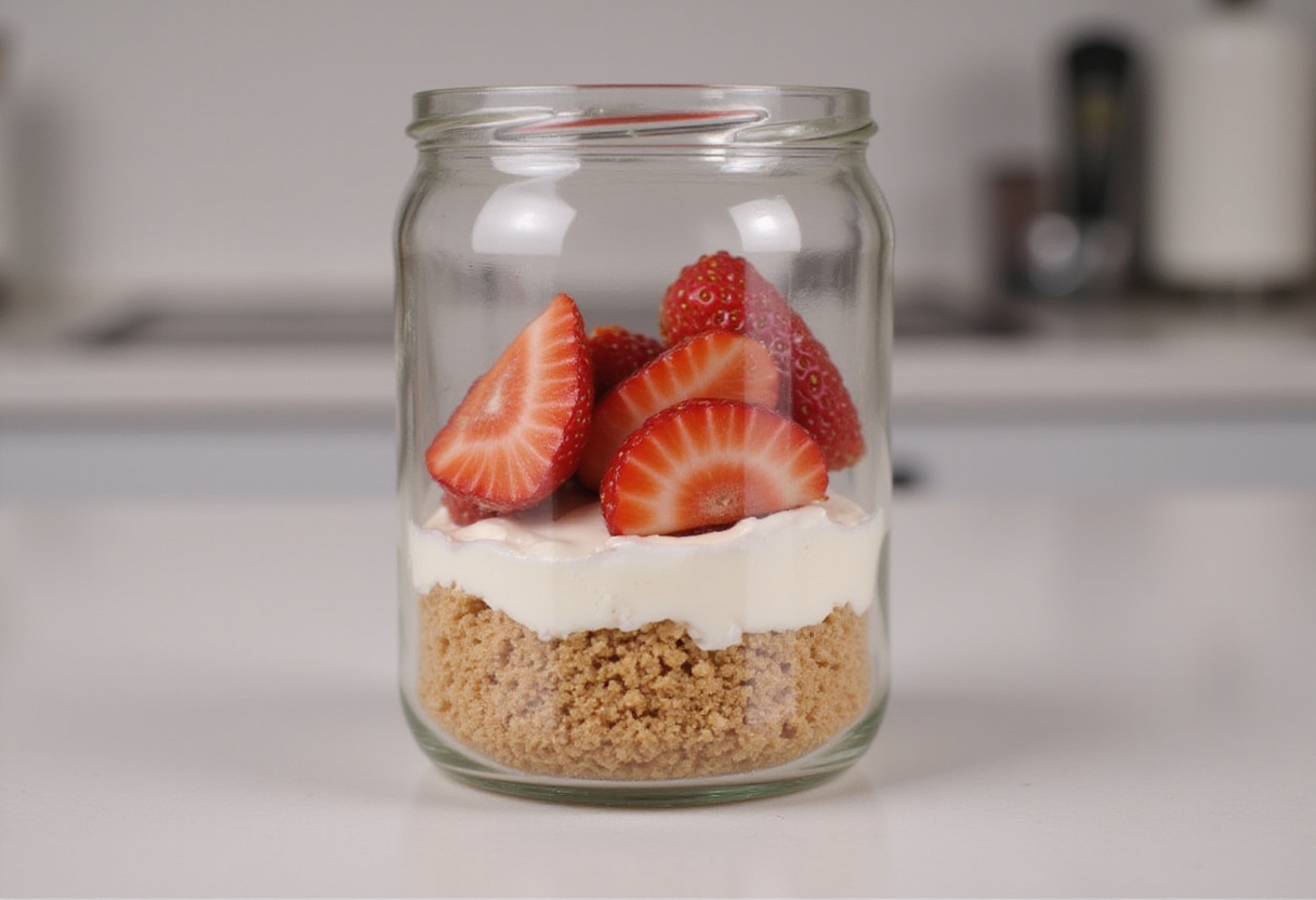 Graham crackers layered in a jar for receta de tarros de pastel de fresa.