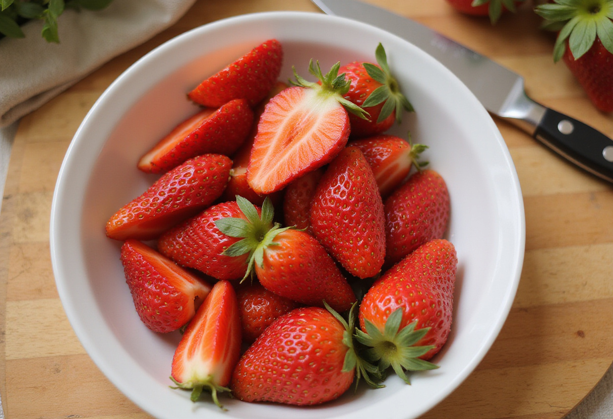 Slicing fresh strawberries for pastel en tarro dessert preparation.