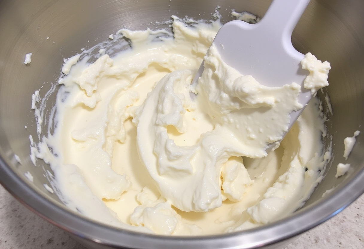 Whipped cream mixed with cream cheese for delicious postre de fresa in jars.