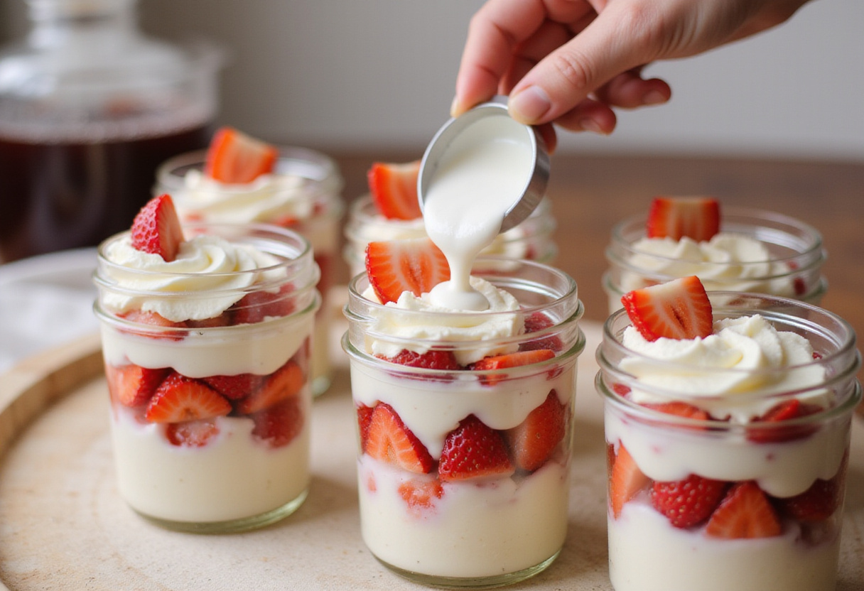Layering whipped cream and strawberries in jars for the final assembly of pastel en tarro.