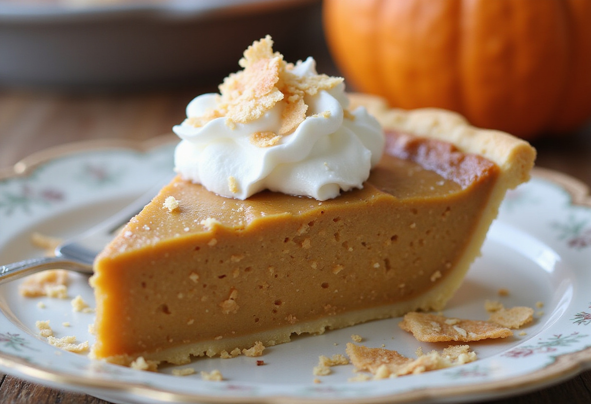 PorciĂłn de tarta de calabaza y coco sin gluten decorada con crema batida y coco tostado.