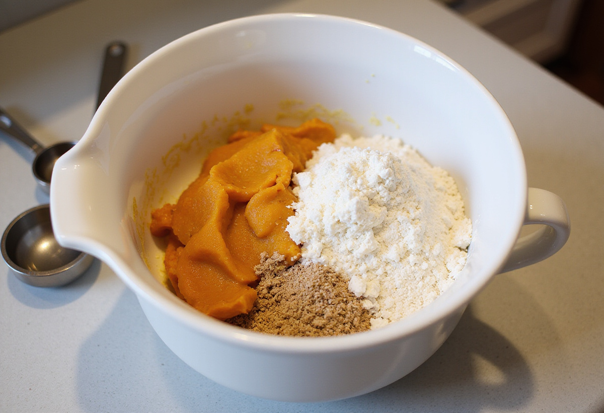 Preparación de tarta de calabaza y coco sin gluten con puré de calabaza y coco rallado en un tazón.