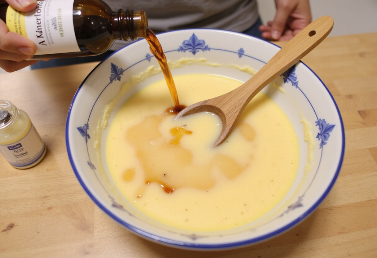 Mezcla de ingredientes para tarta de calabaza y coco sin gluten en un tazón con extracto de vainilla añadido.