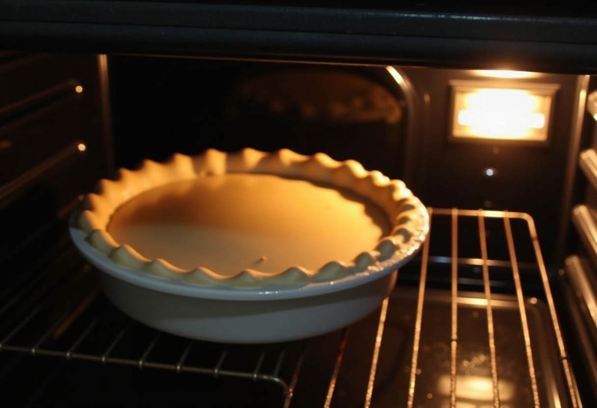 Molde de tarta de calabaza y coco sin gluten colocado en el horno para hornear.
