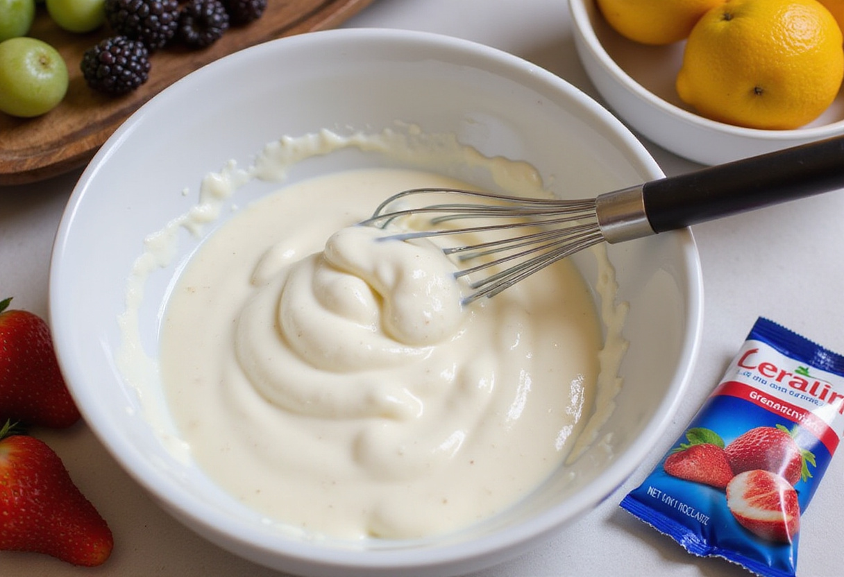 Producing Greek yogurt tart mix for tarta de yogur griego light sin azúcar.