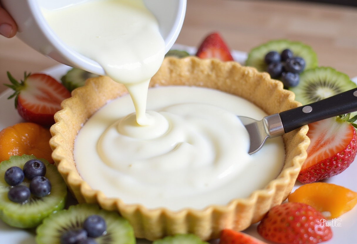 Pouring Greek yogurt mixture into tart mold for making tarta light.