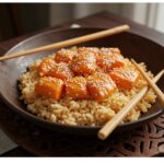 Tazón de arroz con salmón terminado, atractivo y delicioso para disfrutar.