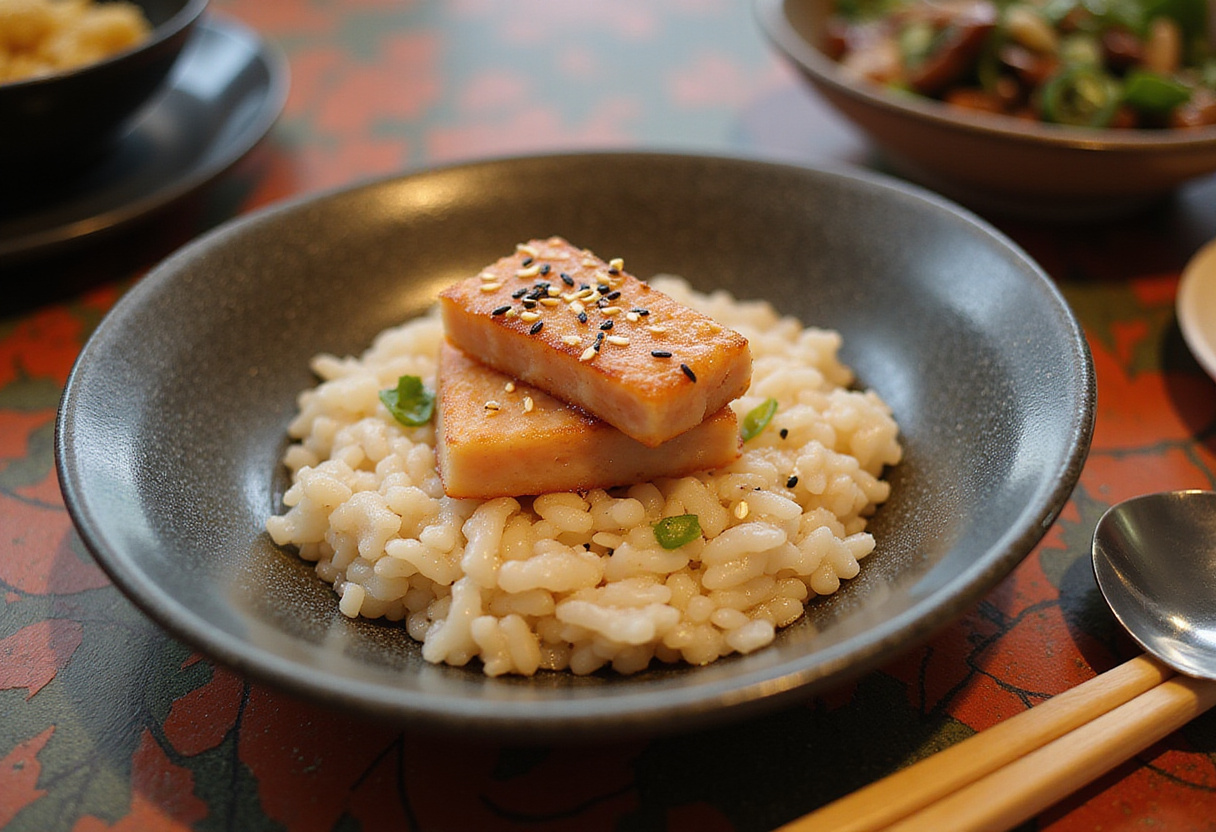 Tazón de arroz con salmón terminado, atractivo y delicioso para disfrutar.