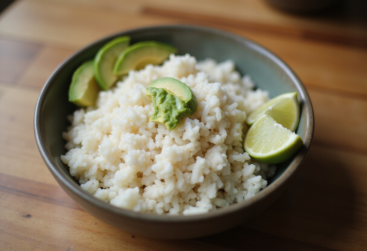 Tazón de arroz con salmón con arroz blanco y aguacate fresco.