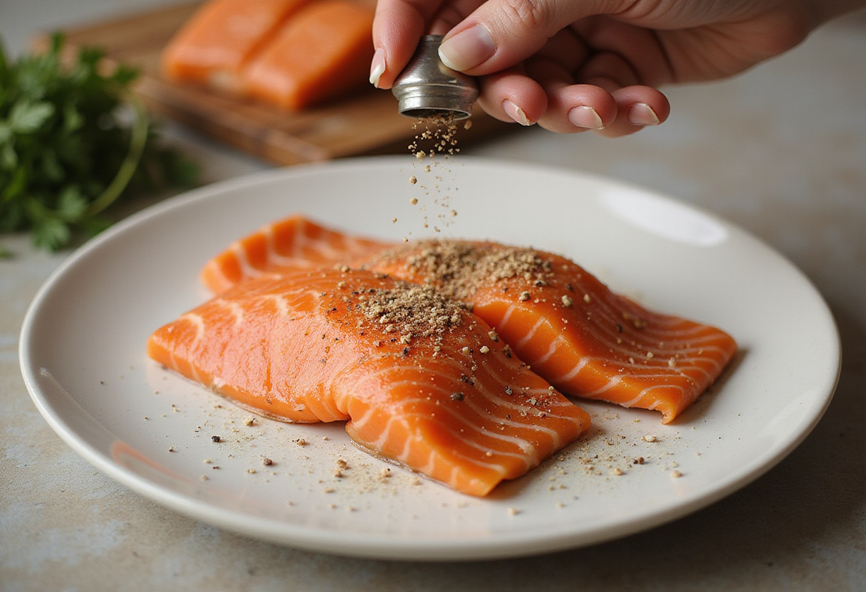 Salmón fresco sazonado para el tazón de arroz con salmón.