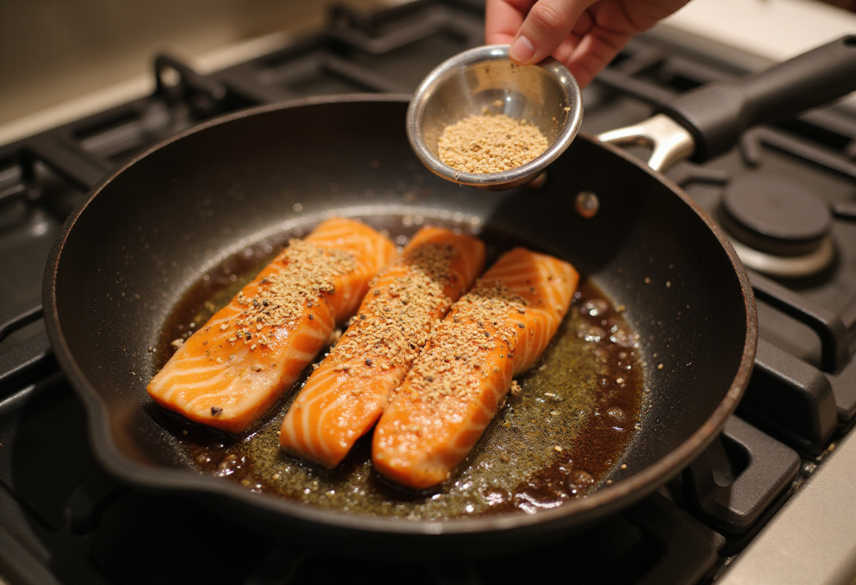 Salmón cocinándose en una sartén para el tazón de arroz con salmón.