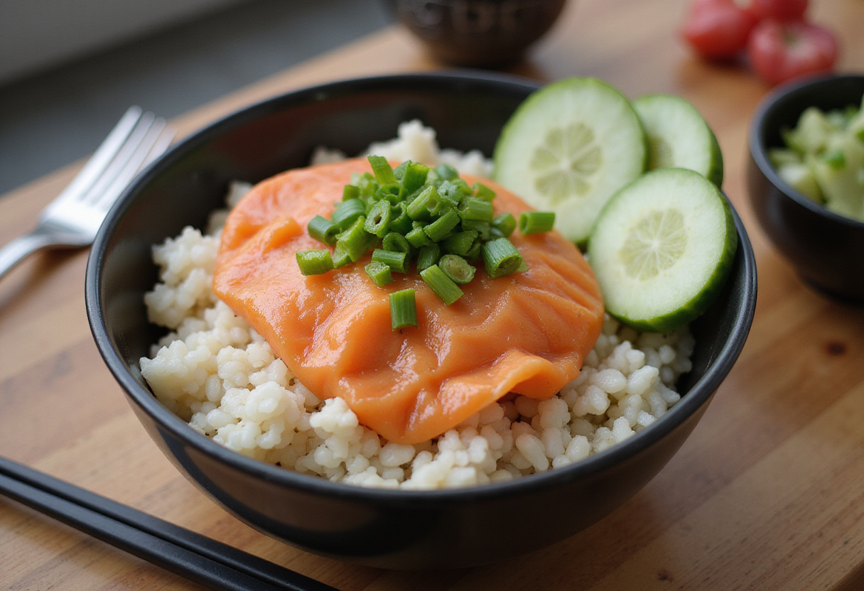 Tazón de arroz con salmón ensamblado con ingredientes frescos y saludables.