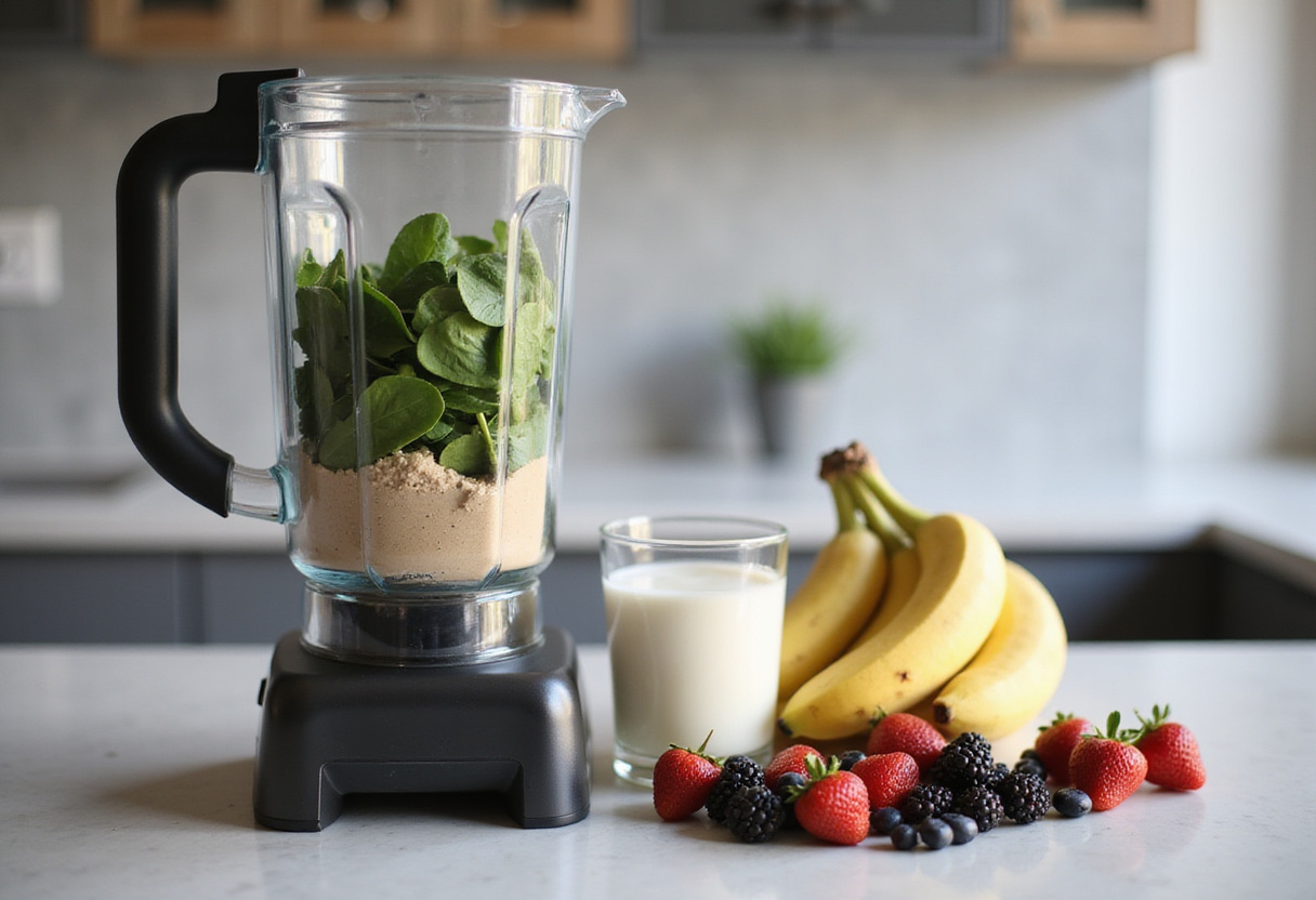 Ingredientes frescos para la receta de batido de proteína en un licuadora, incluyendo espinacas y plátanos.