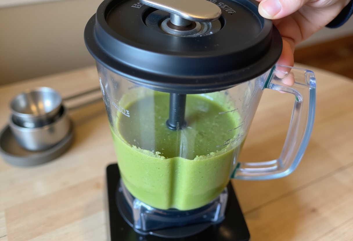 Licuadora en funcionamiento mientras se prepara el batido de proteína saludable.