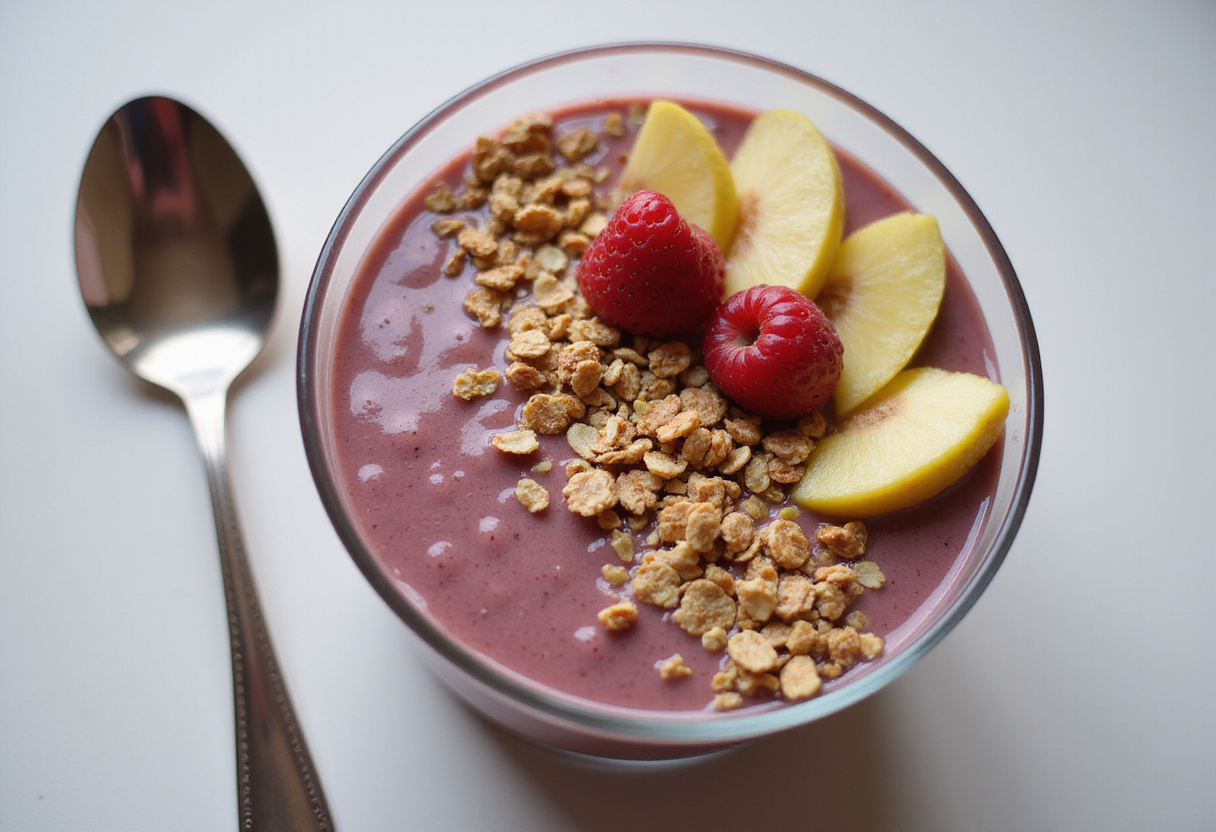 Tazón de batido de proteína decorado con frutas y granola para un batido energético.