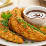 Tiritas de Pollo al Horno doradas y crujientes, listas para disfrutar con una deliciosa salsa.