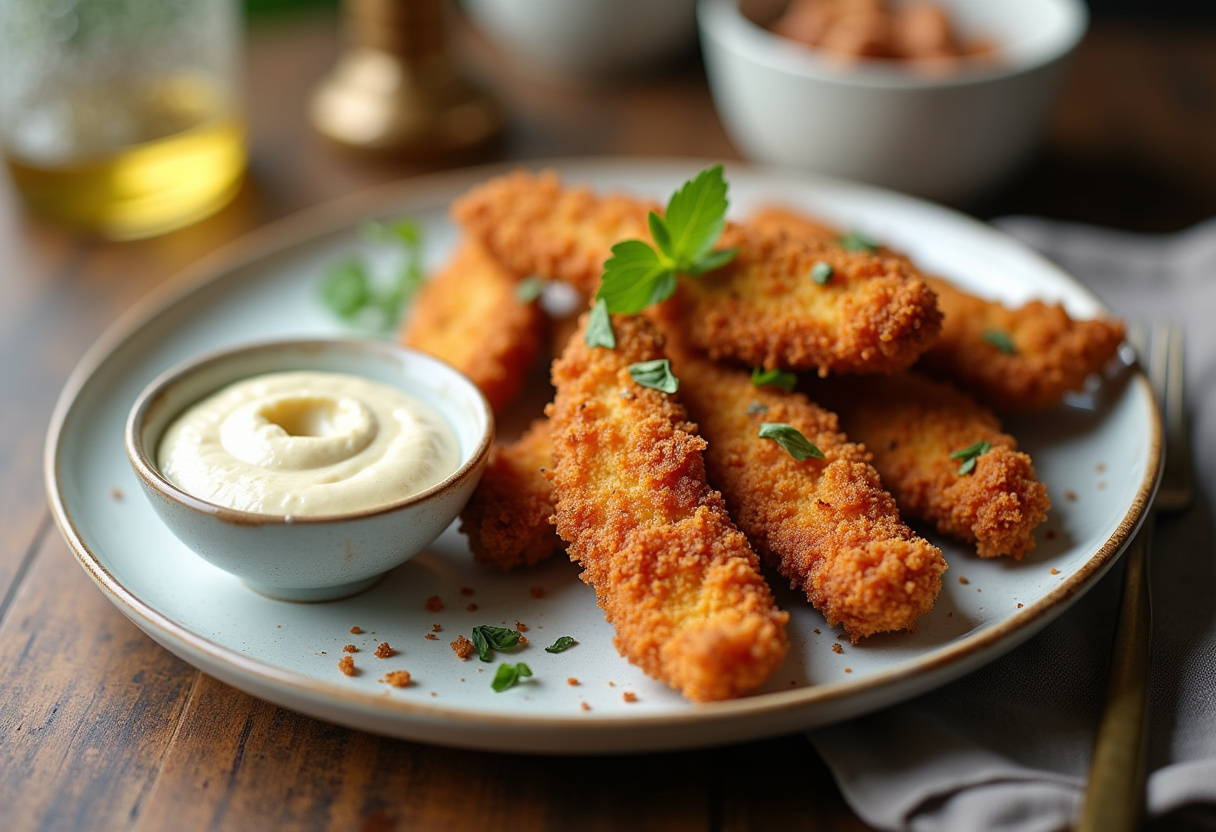 Tiritas de Pollo al Horno doradas y crujientes, listas para disfrutar con una deliciosa salsa.