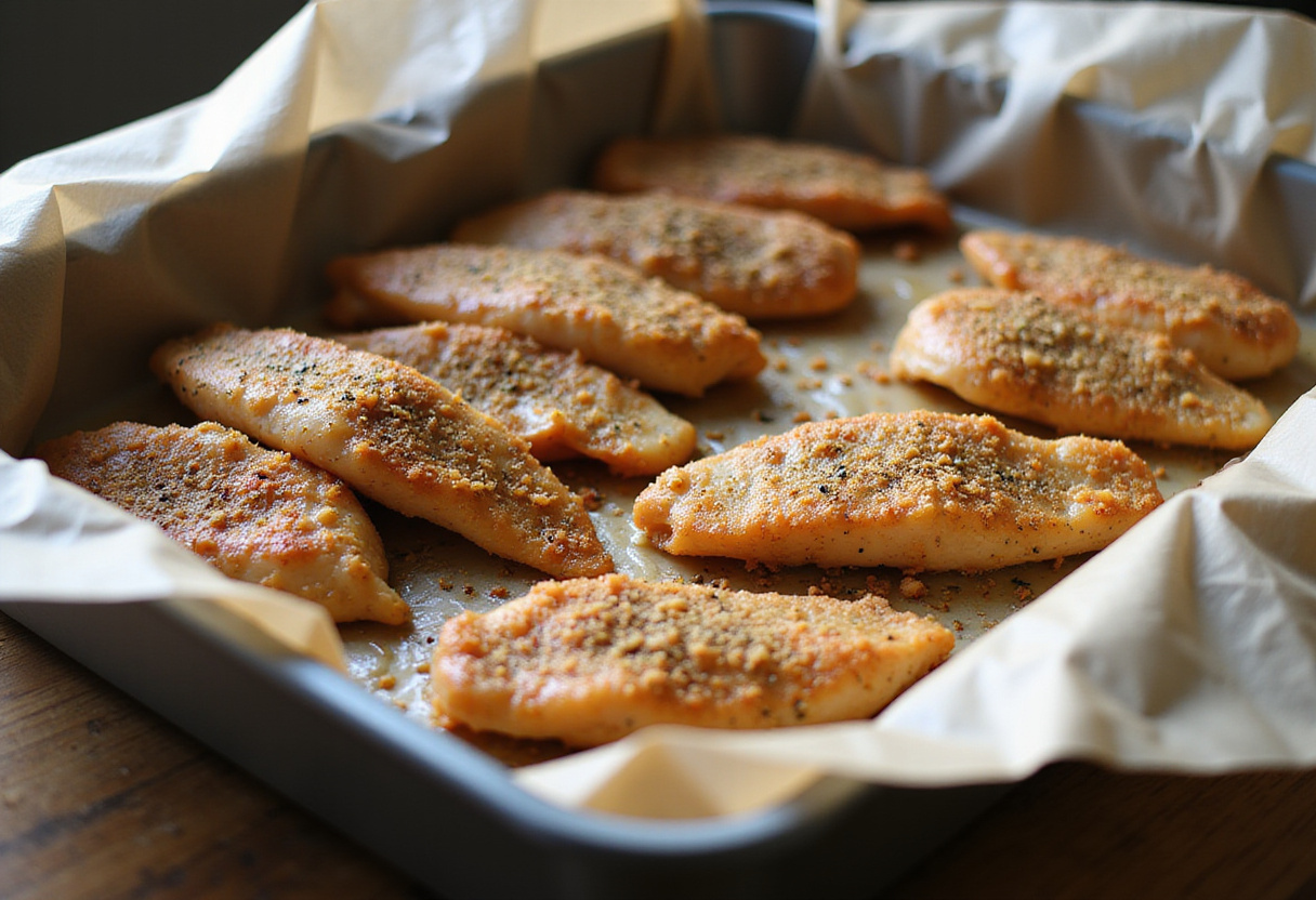 Tiritas de Pollo al Horno colocadas en un molde para lograr una textura dorada y crujiente.