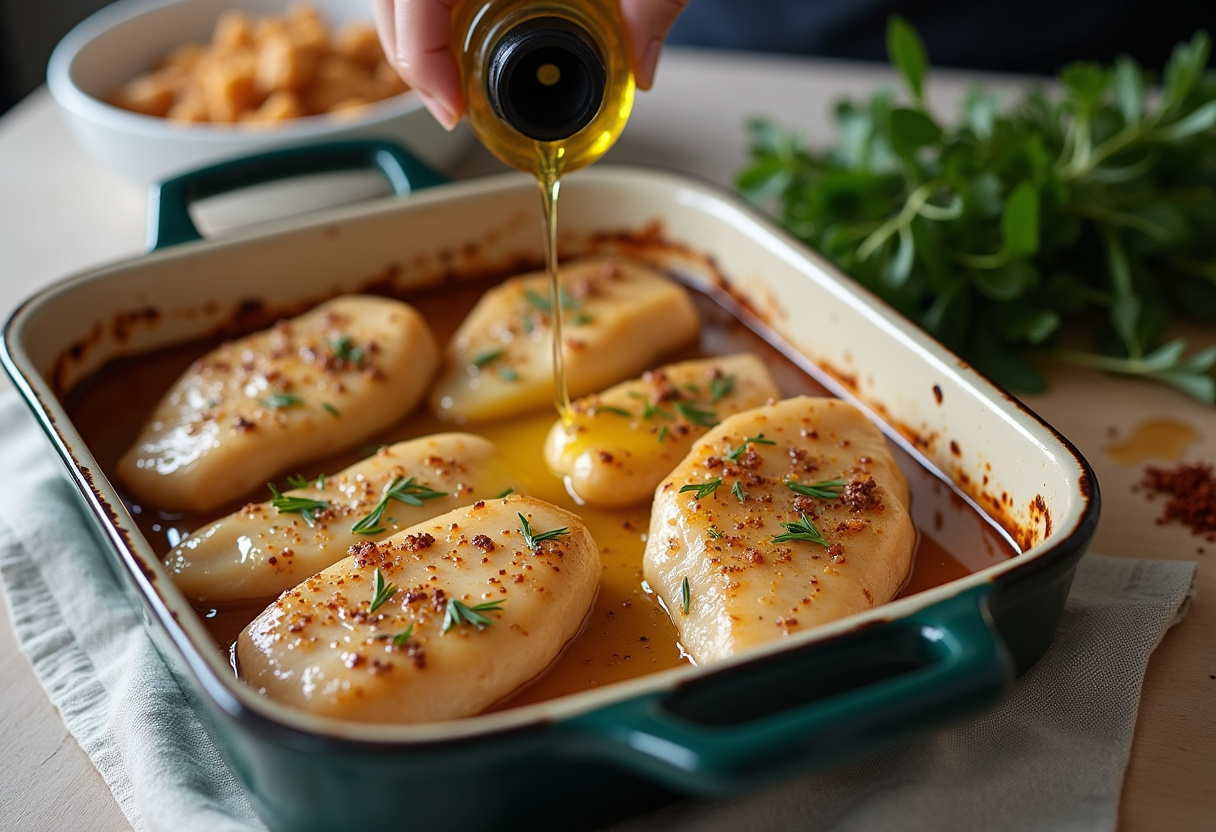 Aceite de oliva siendo rociado sobre las tiritas de pollo para una receta dorada y crujiente.