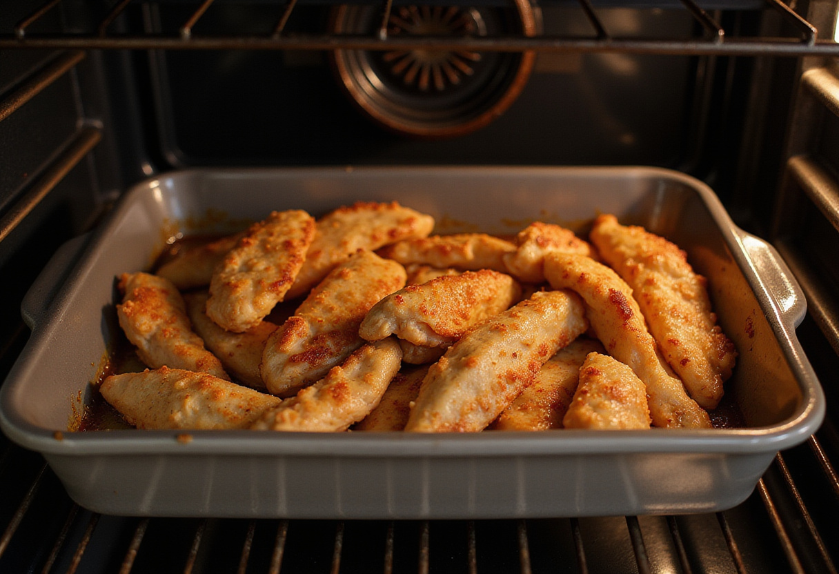 Tiritas de Pollo al Horno horneándose hasta quedar doradas y crujientes en el horno.