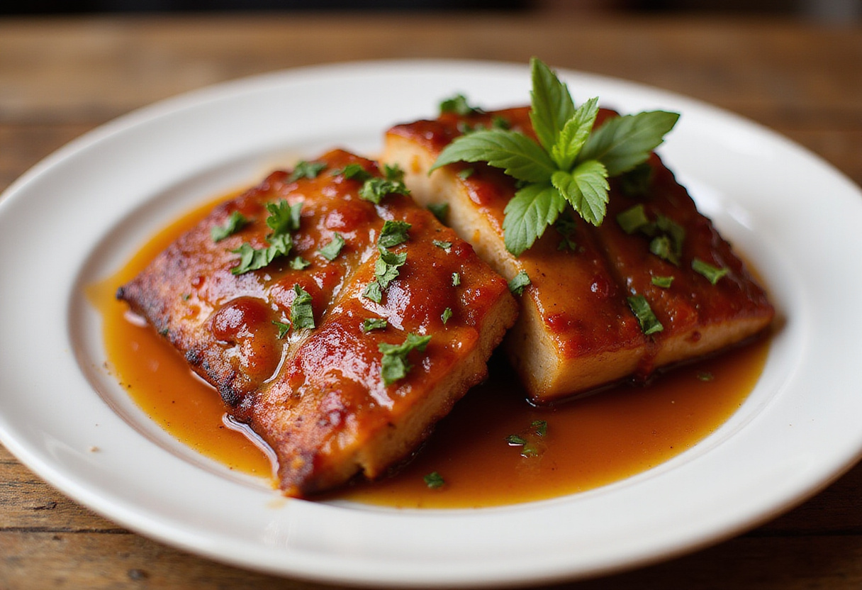 Tocino de cerdo glaseado crujiente y caramelizado, ideal para una comida deliciosa.