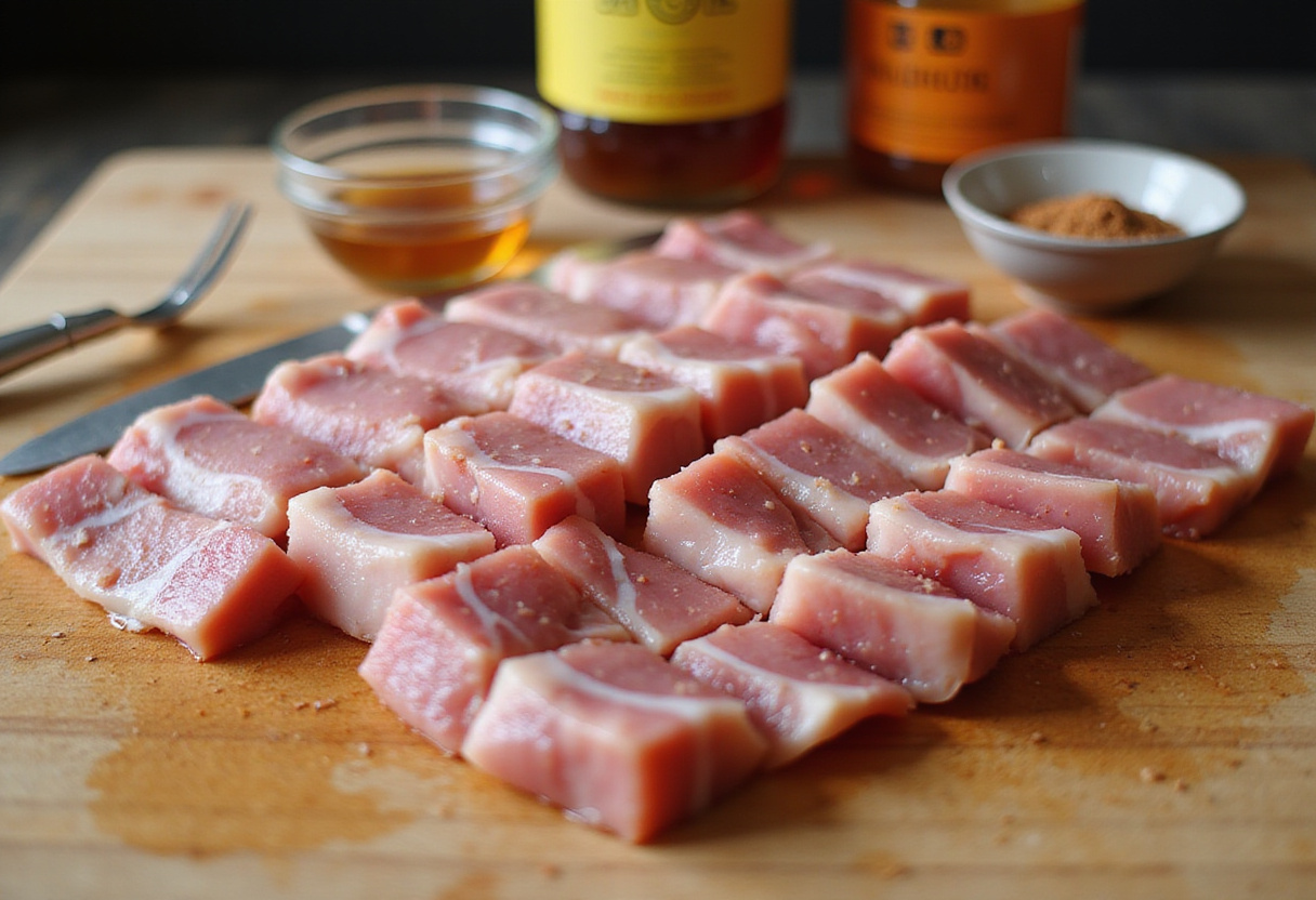 Rodajas frescas de tocino de cerdo glaseado listas para ser sazonadas con miel y especias.