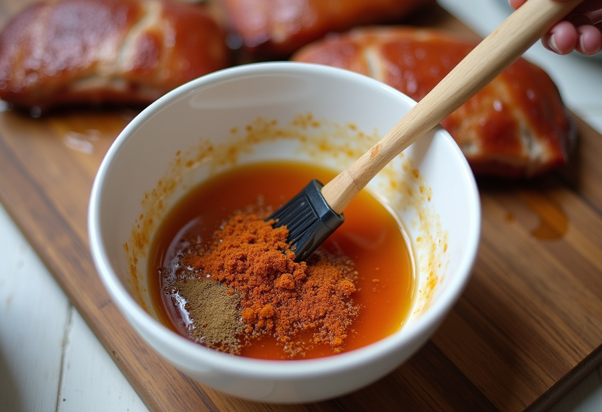 Preparación de glaseado de miel y especias para tocino de cerdo glaseado crujiente.