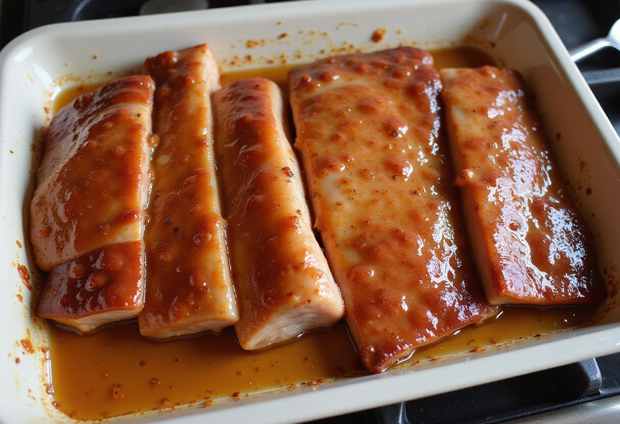 Rodajas de tocino de cerdo glaseado colocándose en un plato para hornear con el glaseado de miel.