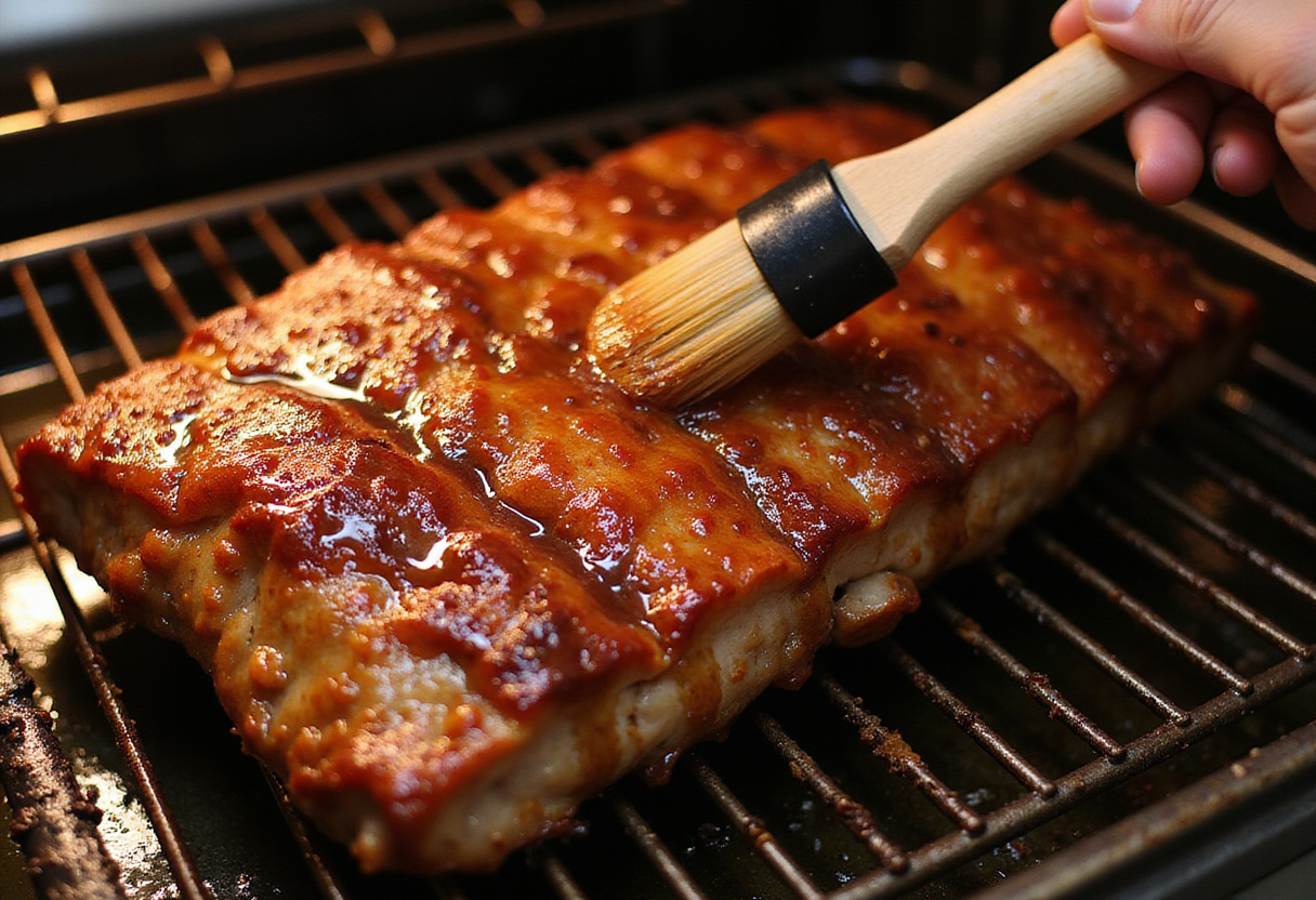 Tocino de cerdo glaseado caramelizado siendo pintado con más miel en el horno.