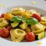 Plato final de tortellini con verduras de verano, ideal para disfrutar en días soleados.