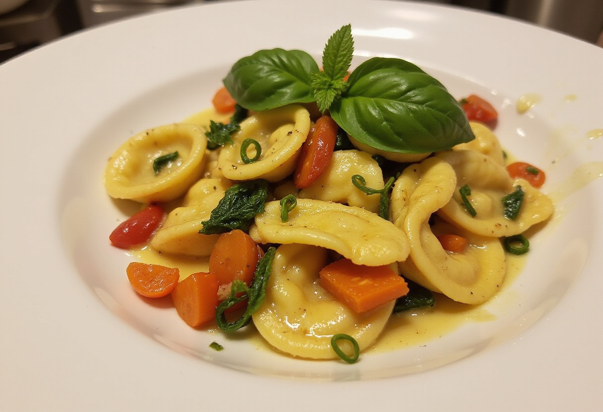 Plato final de tortellini con verduras de verano, ideal para disfrutar en días soleados.
