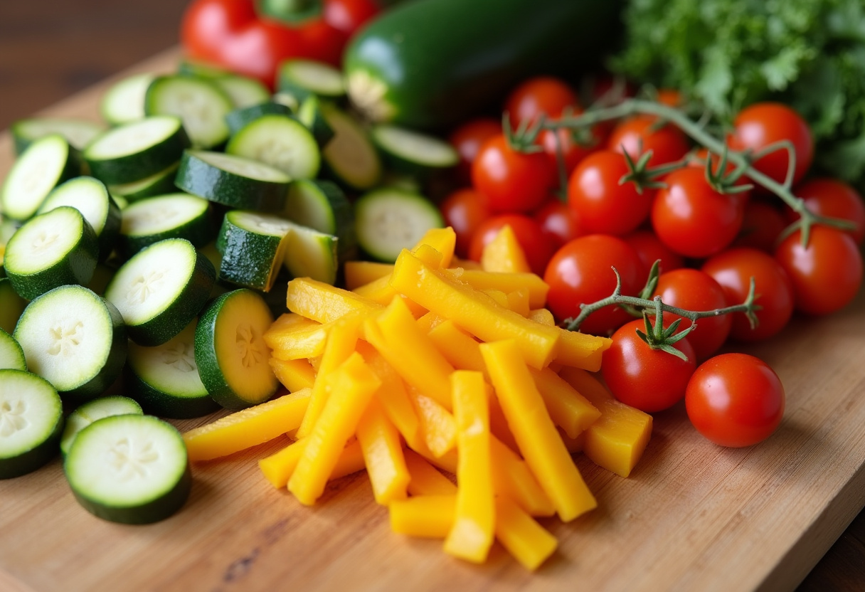 Verduras de verano picadas listas para un delicioso plato de tortellini con verduras.