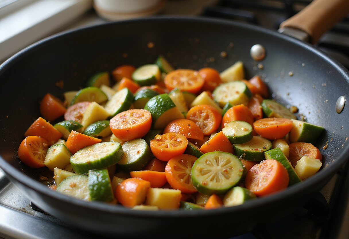 Vegetales sautés en una sartén para la receta de tortellini con verduras de verano.