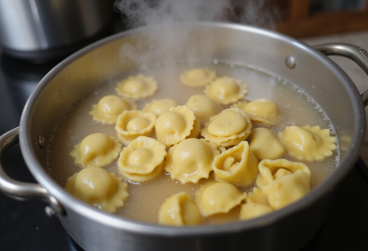 Tortellini frescos cocinándose en agua hirviendo para un plato vegetariano delicioso.