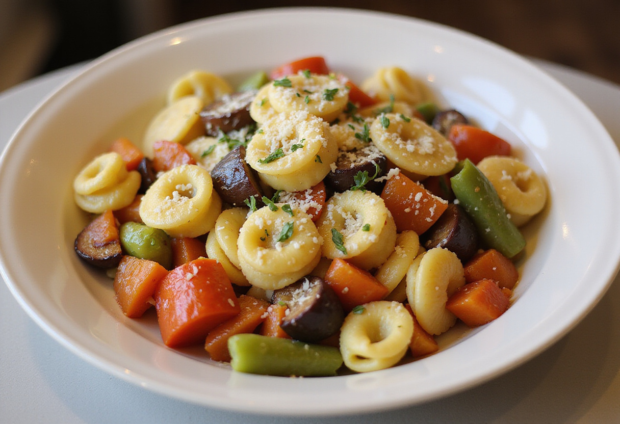 Mezcla de tortellini con verduras de verano y queso parmesano para un plato de comida de verano.