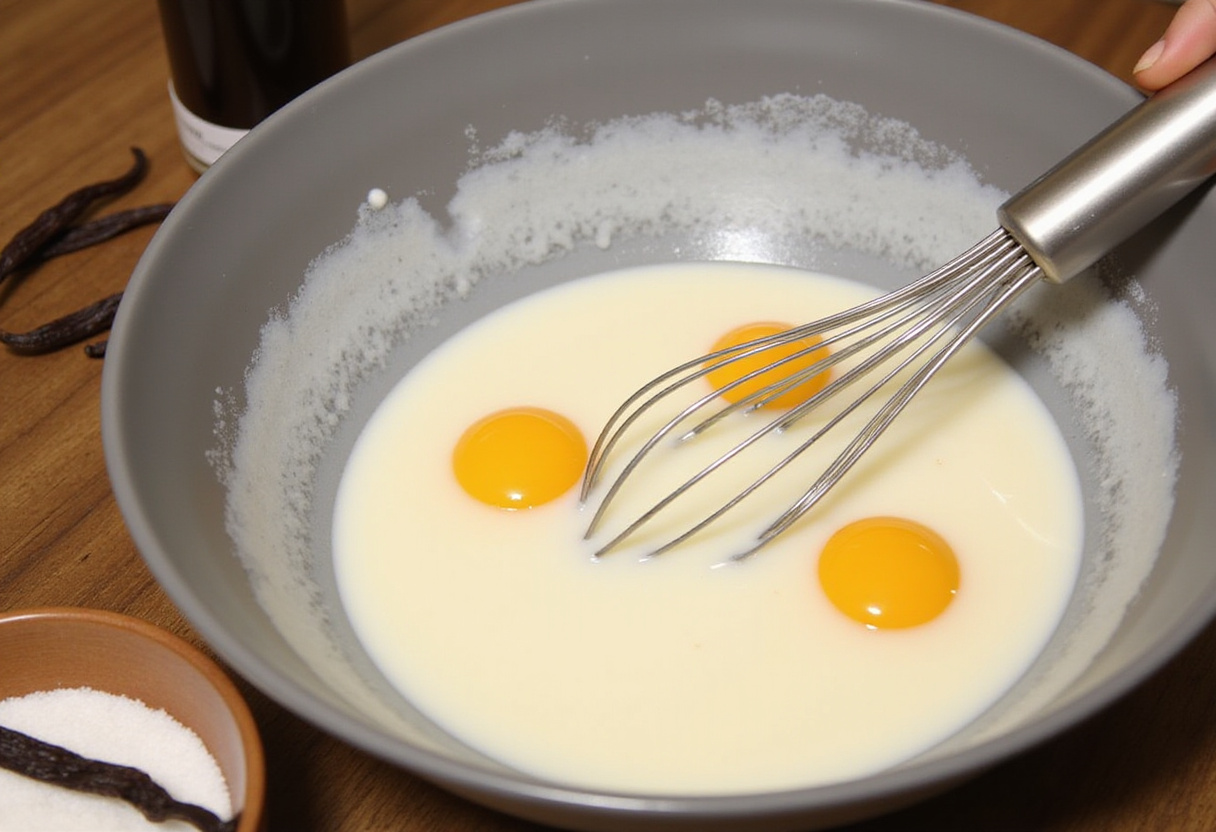 Whisking eggs and milk for tostada francesa, a delicious breakfast or dessert option.