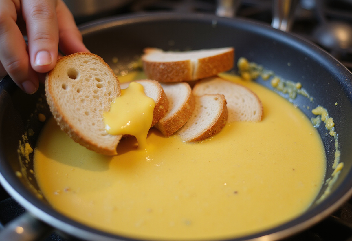 Bread being dipped into egg mixture for making tostada francesa de crème brûlée.