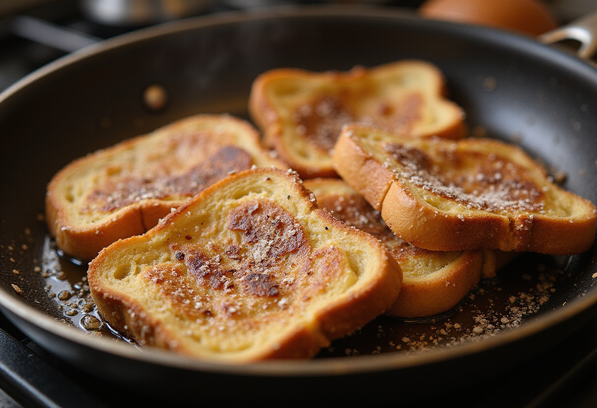 Cooking tostada francesa de crème brûlée in a skillet, achieving a perfect golden color.