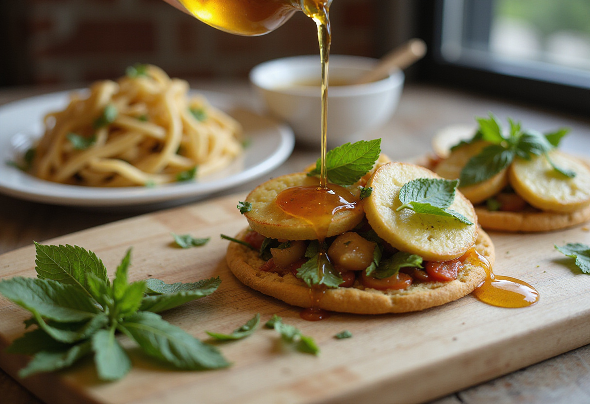 Drizzling honey over tostada de pera y queso cottage for added flavor.