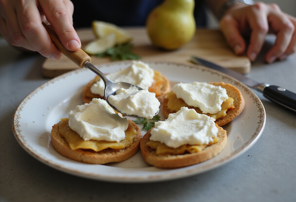 Ricotta cheese spread on tostadas for the tostadas con pera y requesón recipe.