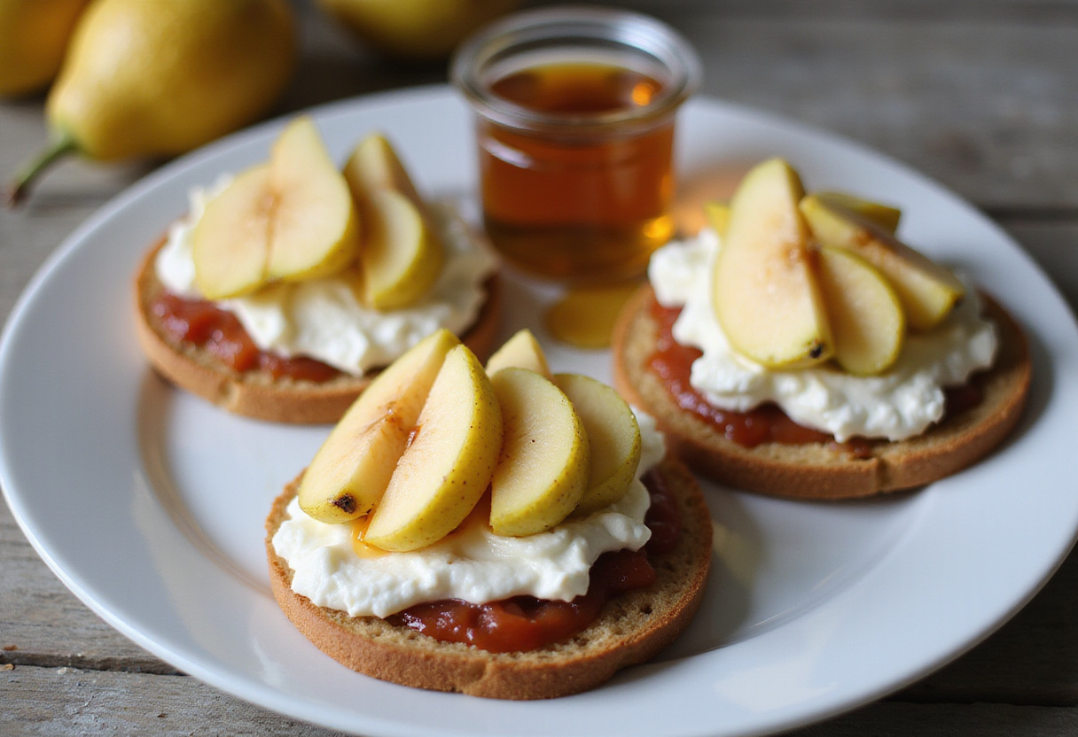 Sliced pears placed on ricotta-topped tostadas, enhancing tostadas con pera y requesón.